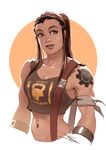  arm_ribbon arm_tattoo breasts brigitte_(overwatch) brown_eyes brown_hair cleavage clothes_writing collarbone crop_top forehead freckles kettlebell lips long_hair medium_breasts mike_nesbitt navel overwatch ponytail ribbon sidelocks sleeveless slender_waist solo tattoo toned upper_body 