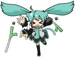  &gt;_&lt; akino_coto animal_ears aqua_hair cat_ears chibi closed_eyes detached_sleeves fang hatsune_miku headset long_hair motion_blur necktie open_mouth paw_print simple_background solo spring_onion twintails vocaloid 