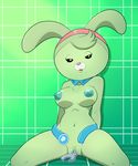  2017 anthro areola black_eyes breasts clitoris female fur green_fur half-closed_eyes lagomorph lonbluewolf looking_at_viewer mammal nipples octonauts open_mouth pussy rabbit solo tools tweak wrench 