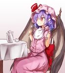  baram bat_wings bib blue_hair chair closed_mouth commentary_request cup fork glint gradient gradient_background hat hat_ribbon holding mob_cap pink_hat pink_skirt pointy_ears red_eyes red_ribbon remilia_scarlet ribbon sitting sketch skirt skirt_set smile solo spoon table teacup teapot touhou white_background wings 