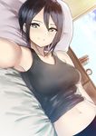  armpits bangs black_hair breasts closed_mouth commentary day earrings green_eyes hair_between_eyes highres indoors jewelry looking_at_viewer lying medium_breasts midorikawa_maki mole mole_under_eye navel norman_maggot on_back on_bed pillow reaching_out sakura_quest self_shot short_hair sidelocks smile solo tank_top upper_body 