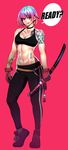  abs breasts choker cleavage full_body gloves highres katana medium_breasts midriff multicolored_hair original pants psychicjin red_eyes shoes short_hair sneakers solo sports_bra sword tattoo tongue tongue_out weapon 