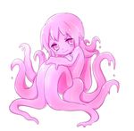  closed_mouth crossed_arms full_body goo_girl kai_himo looking_at_viewer monster_girl nude original pink_eyes pink_hair pink_sclera pink_skin scylla simple_background smile solo tentacle_hair tentacles white_background 