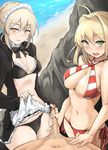  2girls artoria_pendragon_(all) artoria_pendragon_(swimsuit_rider_alter) beach bikini blonde_hair braid criss-cross_halter day fate/grand_order fate_(series) ffm_threesome french_braid green_eyes group_sex halterneck handjob hetero highres hood hoodie maid_headdress momio multiple_girls nero_claudius_(fate)_(all) nero_claudius_(swimsuit_caster)_(fate) outdoors penis saber_alter skirt skirt_lift striped striped_bikini swimsuit threesome uncensored 