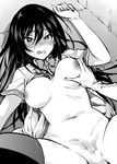  blush bottomless breast_grab breasts clenched_hand commentary_request frown grabbing greyscale large_breasts long_hair monochrome navel nipples original partially_undressed pubic_hair sakayama_shinta school_uniform sex short_sleeves skindentation sweat thighhighs unbuttoned unbuttoned_shirt wavy_mouth 