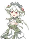  :d bangs creature dress eyebrows_visible_through_hair gloves green_gloves green_hair hat highres lca906 made_in_abyss meinya_(made_in_abyss) multicolored_hair open_mouth prushka red_eyes short_hair simple_background smile standing two-tone_hair white_background white_hair 