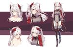  ahoge armpit_cutout azumi_akitake azur_lane bangs blush breasts closed_mouth collarbone commentary_request finger_to_mouth garter_straps gloves grey_hair grey_jacket hair_between_eyes headgear highres iron_cross jacket large_breasts long_hair looking_at_viewer messy_hair multiple_views orange_eyes prinz_eugen_(azur_lane) sideboob smile thighhighs twintails 