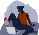  0 2017 anthro bed better_version_at_source blush bottomless breasts cat clothed clothing computer digital_media_(artwork) drooling eyelashes feline female fingering fingering_self fur hair half-closed_eyes hi_res laptop legwear mae_(nitw) mammal masturbation mostly_nude navel night_in_the_woods nipple_bulge nipples null_symbol pelao0o pussy pussy_juice raised_leg red_eyes saliva shirt sitting socks solo spread_legs spreading sweat 