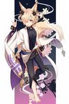  animal_ears backless_outfit barefoot brown_eyes collar elbow_gloves erune fox_ears fox_tail gloves granblue_fantasy hair_ornament hair_over_one_eye highres jiman kou_(granblue_fantasy) long_hair male_focus md5_mismatch navel off_shoulder open_mouth smile tail 