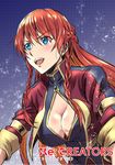  :d blue_eyes blush braid breasts cleavage copyright_name earrings jewelry kuboken large_breasts open_mouth re:creators selesia_upitiria smile solo twin_braids 