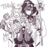  2girls alfonse_(fire_emblem) animal_ears bell bow broom cat_ears cat_paws cat_tail chain closed_eyes cosplay crown cuffs fire_emblem fire_emblem_heroes frankenstein's_monster frankenstein's_monster_(cosplay) greyscale halloween halloween_costume handcuffs hat insarability long_hair monochrome multiple_girls open_mouth paws sharena short_hair simple_background skirt smile tail tail_bell tail_bow trick_or_treat veronica_(fire_emblem) white_background 