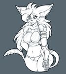  anthro armor clothed clothing commission-mission eye_patch eyewear feline female makeup mammal mascara monochrome skimpy solo thick_thighs wide_hips 