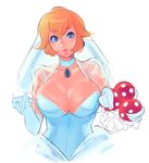  absurdres blonde_hair blue_eyes bouquet breasts bridal_veil dress flower gloves highres jewelry large_breasts long_hair looking_at_viewer loyproject mario_(series) piranha_plant princess_peach solo super_mario_bros. super_mario_odyssey veil wedding_dress white_gloves 