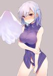  asuzemu blush breasts closed_mouth embarrassed grey_background highres kishin_sagume medium_breasts red_eyes short_hair silver_hair simple_background single_wing sleeveless solo standing touhou wings 