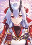  armor commentary_request fate/grand_order fate_(series) hair_between_eyes hair_ribbon headband highres horns japanese_armor japanese_clothes kurokku long_hair looking_at_viewer oni_horns parted_lips red_eyes ribbon silver_hair solo tomoe_gozen_(fate/grand_order) upper_body 