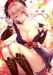  :o autumn bangs black_legwear blurry blurry_background blush breasts cleavage collarbone convenient_leg detached_sleeves falling_leaves fate/grand_order fate_(series) hair_between_eyes japanese_clothes kimono kneehighs large_breasts leaf long_hair long_sleeves looking_at_viewer miyamoto_musashi_(fate/grand_order) naked_kimono parted_lips purple_eyes sash shiny shiny_skin silver_hair sleeveless sleeveless_kimono sleeves_past_wrists solo squatting strap_slip thighs touwa_nikuman undressing 