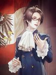  austria austria_(hetalia) austrian_flag axis_powers_hetalia black-framed_eyewear blue_jacket brown_hair buttons commentary_request cravat flag frilled_sleeves frills glasses highres jacket long_sleeves male_focus mole mole_under_eye murasaki_(fioletovyy) parted_lips purple_eyes semi-rimless_eyewear solo under-rim_eyewear upper_body white_neckwear 