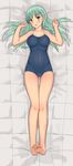  :d aqua_eyes aqua_hair ass_visible_through_thighs bangs bare_arms bare_legs bare_shoulders barefoot bed_sheet blue_swimsuit blush breasts collarbone competition_school_swimsuit covered_navel dakimakura eyebrows_visible_through_hair from_above full_body hair_ornament hairclip head_tilt highres kantai_collection long_hair looking_at_viewer md5_mismatch medium_breasts nail_polish one-piece_swimsuit open_mouth pink_nails revision smile soles solo soushou_nin suzuya_(kantai_collection) swimsuit toenail_polish toes w_arms 