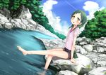  arm_support bangs barefoot black_shorts blue_sky blush cloud day dutch_angle esoragoto eyebrows_visible_through_hair green_eyes green_hair head_tilt long_hair looking_at_viewer minobiyo minori_(minobiyo) open_mouth outdoors pink_shirt puffy_short_sleeves puffy_sleeves shirt short_shorts short_sleeves shorts sitting sky soaking_feet solo stream striped striped_shirt sweat tree water wet 