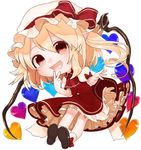  ascot bad_id bad_twitter_id blonde_hair bow brown_footwear chibi commentary_request flandre_scarlet gotoh510 hair_between_eyes hat hat_bow heart long_hair looking_at_viewer miniskirt mob_cap one_side_up petticoat pointy_ears puffy_short_sleeves puffy_sleeves red_eyes red_skirt shoes short_sleeves simple_background skirt skirt_set smile socks solo touhou vest white_background white_hat white_legwear wings 