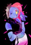  anthro black_background blue_skin catfood clothed clothing eye_patch eyewear female fish gills hair long_hair marine ponytail simple_background standing undertale undyne video_games yellow_eyes 