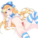  blonde_hair blue_bow blue_eyes blush bow bridal_gauntlets crop_top ear_piercing erection hair_bow heart_pendant highres long_hair looking_at_viewer male_focus navel nude open_mouth otoko_no_ko penis penis_bow penis_ribbon piercing precum ribbon solo testicles thighhighs tokoroten_(dig0545) very_long_hair 