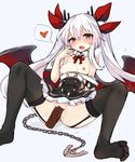  1girl anchor azur_lane belt black_legwear blush breasts censored chain disembodied_penis fangs garter_belt hair_ornament hair_ribbon heart hetero highres long_hair looking_at_viewer mou_tama_maru open_mouth penis pussy_juice red_eyes ribbon sex simple_background small_breasts spoken_heart spread_legs tears thighhighs twintails vaginal vampire_(azur_lane) white_background wings 