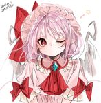  :o artist_name ascot bad_id bad_twitter_id bat_wings bow brooch dated eyelashes gotoh510 hat hat_bow head_tilt highres jewelry lavender_hair looking_at_viewer mob_cap one_eye_closed pointy_ears red_bow red_eyes remilia_scarlet short_sleeves signature simple_background sketch solo star touhou upper_body white_background white_hat wings 