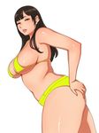  1girl black_hair breasts brown_eyes cleavage curvy large_breasts long_hair looking_at_viewer matoyama micro_bikini parted_lips sideboob solo swimsuit thick_thighs white_background 