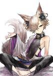  animal_ears backless_outfit barefoot brown_eyes collar covered_navel crossed_legs elbow_gloves erune fox_ears fox_tail gloves granblue_fantasy hair_ornament highres kou_(granblue_fantasy) long_hair male_focus off_shoulder smile tail 