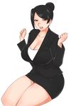  1girl black_hair blush breasts brown_eyes cleavage large_breasts looking_at_viewer matoyama parted_lips sitting smile solo sweat white_background 