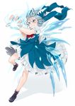  bad_perspective blue_eyes blue_hair blue_wings blush boots bow cirno clenched_teeth cocked_eyebrow commentary danmaku dress energy full_body gotoh510 hair_bow highres ice ice_wings messy_hair scarf short_hair solo teeth touhou white_background wind wings 