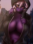  big_breasts breasts city cleavage clothed clothing diffver hair hoodie long_hair looking_at_viewer magic_user not_furry outside public purple_skin red_eyes smile soft_shading vrabo white_hair witch 
