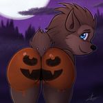  2017 anthro blue_eyes bodypaint butt canine cub cute digital_media_(artwork) female food fruit fur hotel_transylvania looking_at_viewer mammal nude piercing presenting presenting_hindquarters presenting_pussy pumpkin pussy solo thick_thighs were werewolf wide_hips winnie_werewolf_(hotel_transylvania) wolf young zekromlover 