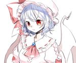  ascot bangs bat_wings blue_hair brooch closed_mouth gotoh510 hat hat_ribbon jewelry mob_cap pointy_ears red_eyes red_ribbon remilia_scarlet ribbon shirt simple_background solo touhou upper_body white_background wings 