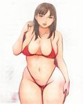  1girl bikini breasts brown_eyes brown_hair curvy large_breasts long_hair looking_at_viewer matoyama micro_bikini navel plump solo swimsuit thick_thighs white_background wide_hips 