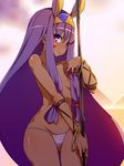  animal_ears ass_visible_through_thighs bracelet cameltoe dark_skin earrings fate/grand_order fate_(series) furau hair_censor hair_over_one_eye highres jackal_ears jewelry long_hair looking_at_viewer nitocris_(fate/grand_order) purple_eyes purple_hair smile solo staff topless 