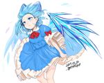 artist_name bad_id bad_twitter_id bare_arms bare_legs blue_bow blue_eyes blue_hair blue_skirt blue_wings bow cirno closed_mouth colored_eyelashes dated floating_hair forehead frilled_skirt frilled_sleeves frills gotoh510 hair_bow highres ice ice_wings red_bow red_neckwear signature simple_background skirt skirt_set solo touhou white_background wind wings 