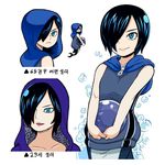  1girl artist_request black_hair blue_eyes hoodie madame_shirley mermaid one_piece translation_request younger 