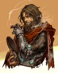  beard brown_eyes brown_hair cape cigar facial_hair hand_up hat hat_removed headwear_removed holding holding_hat looking_at_viewer male_focus mccree_(overwatch) mechanical_arm oollnoxlloo orange_background overwatch red_cape smoke smoking solo 