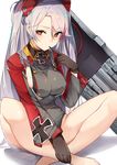  azur_lane bare_legs barefoot black_gloves black_panties blush breasts bright_pupils crossed_ankles double-breasted finger_to_mouth gloves hand_on_own_foot headgear iron_cross large_breasts long_hair long_sleeves luse_maonang machinery medium_breasts military military_uniform multicolored_hair no_bra no_pants panties prinz_eugen_(azur_lane) red_eyes shiny shiny_hair sideboob silver_hair simple_background sitting solo streaked_hair underwear uniform very_long_hair white_background 