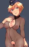  :p bar_censor black_hat blonde_hair blue_background blush bodysuit brave_witches breasts breasts_apart censored cleavage_cutout closed_mouth commentary_request cowboy_shot crotchless_clothes em eyebrows_visible_through_hair fishnet_bodysuit fishnets garrison_cap green_eyes hand_on_own_chest hat head_tilt looking_at_viewer medium_breasts nipples polka_dot pubic_hair see-through shiny shiny_hair short_hair simple_background smile solo tongue tongue_out unmoving_pattern waltrud_krupinski world_witches_series 