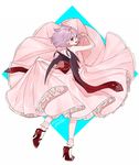  bad_id bad_twitter_id bare_arms bat_wings bobby_socks dress earrings from_behind full_body gotoh510 high_heels jewelry lavender_hair lifted_by_self looking_at_viewer looking_back pink_dress pointy_ears red_eyes red_footwear remilia_scarlet shoes simple_background skirt_hold smile socks solo standing standing_on_one_leg stud_earrings touhou white_background white_legwear wings 