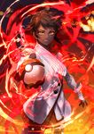  aura bangs brown_hair burning_eyes candela_(pokemon) cowboy_shot dark_skin fiery_background fingerless_gloves fire gloves holding holding_poke_ball jacket long_sleeves looking_at_viewer oollnoxlloo pantyhose parted_lips poke_ball poke_ball_(generic) pokemon pokemon_go smile solo standing team_valor white_gloves yellow_eyes 