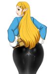  1girl aqua_eyes ass bag black_pants blonde_hair blue_clothes braid breasts elf female from_behind hair_ornament hairclip hands_on_hips highres large_breasts lips long_hair long_sleeves looking_at_viewer looking_back matoyama nintendo pants pointy_ears princess_zelda serious simple_background standing the_legend_of_zelda the_legend_of_zelda:_breath_of_the_wild white_background 