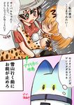  animal_ears bare_shoulders black_hair blonde_hair blush breast_press comic commentary_request elbow_gloves gloves glowing glowing_eyes green_eyes hair_over_one_eye hakumaiya hat hat_feather helmet highres kaban_(kemono_friends) kemono_friends lucky_beast_(kemono_friends) multiple_girls open_mouth pantyhose pith_helmet red_shirt serval_(kemono_friends) serval_ears serval_print shirt short_hair sleeveless symmetrical_docking t-shirt tearing_up translation_request 