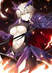  &gt;:( armor artist_name artoria_pendragon_(all) artoria_pendragon_(lancer_alter) blonde_hair breasts cape center_opening closed_mouth dark_background fate/grand_order fate_(series) fire frown game_cg gauntlets glowing highres horns horseback_riding large_breasts long_hair looking_at_viewer navel red_cape riding serious shiny shiny_hair sitting solo stomach straddling subaru_(794829485) turtleneck underboob v-shaped_eyebrows yellow_eyes 