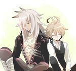  ahoge armor armored_dress bangs belt black_pants boots brown_hair closed_eyes commentary fate/apocrypha fate_(series) gauntlets long_hair long_sleeves male_focus multiple_boys open_clothes pants scar shirt short_hair sieg_(fate/apocrypha) siegfried_(fate) silver_hair sitting sleeping sleeping_on_person tsugi waistcoat white_shirt 