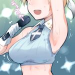  :d arm_up armpits blonde_hair brave_witches breasts crop_top em halter_top halterneck hand_up head_out_of_frame idol medium_breasts microphone nikka_edvardine_katajainen open_mouth short_hair smile solo sweat upper_body very_short_hair world_witches_series 
