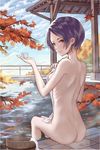  ass autumn_leaves back bad_id bad_pixiv_id bad_proportions bangs blue_hair blue_sky blush breasts brown_eyes bucket building closed_mouth commentary_request covering day dimples_of_venus falling_leaves from_behind hayami_kanade holding holding_towel idolmaster idolmaster_cinderella_girls leaf looking_back medium_breasts nude_cover onsen outdoors parted_bangs ribs roki_(0214278) short_hair sideboob sitting sky smile solo towel water white_towel wooden_bucket 